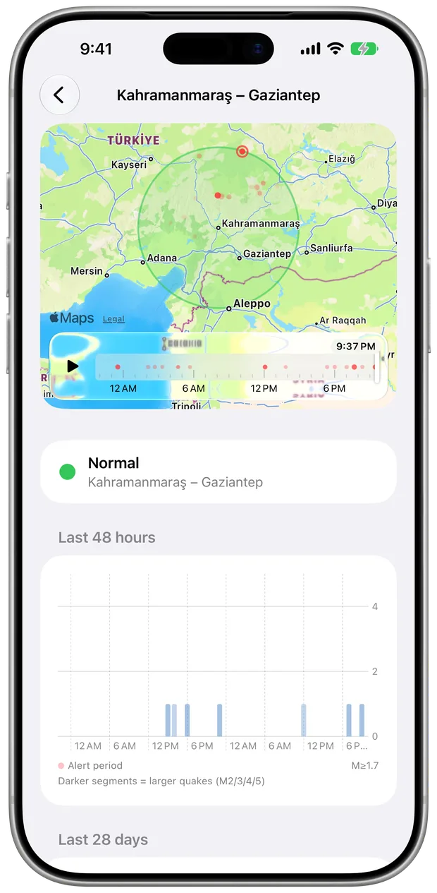 A zone card in QuakeLens: the monitored circle on the map with live status and activity charts