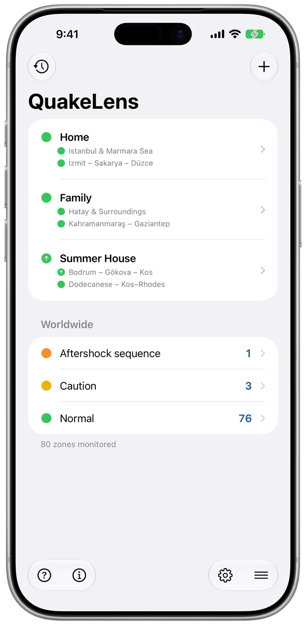 QuakeLens on iPhone: saved locations with the live status of their seismic zones